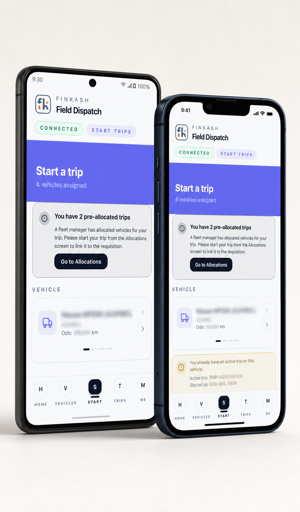 Finkash Field Dispatch app displayed on Android and iPhone devices